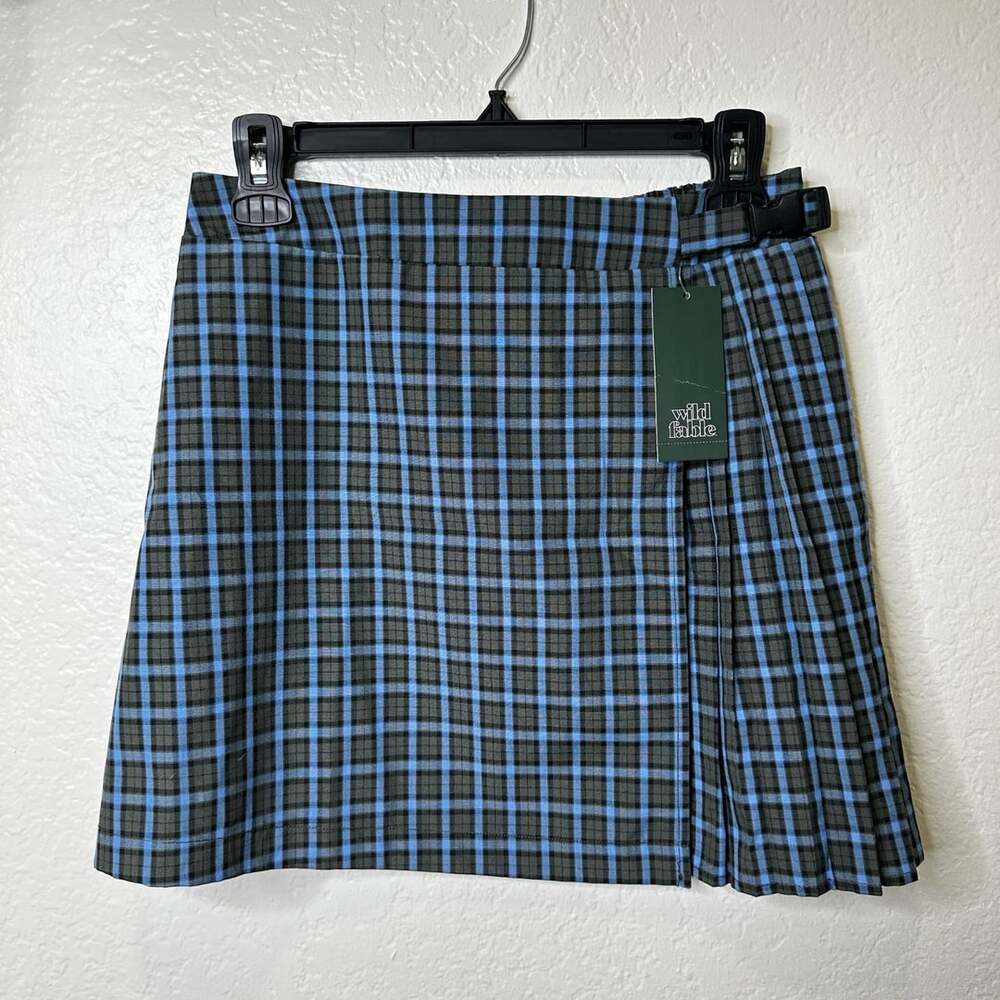Wild Fable Pleated Mini Skirt Size S Blue Green Plaid
